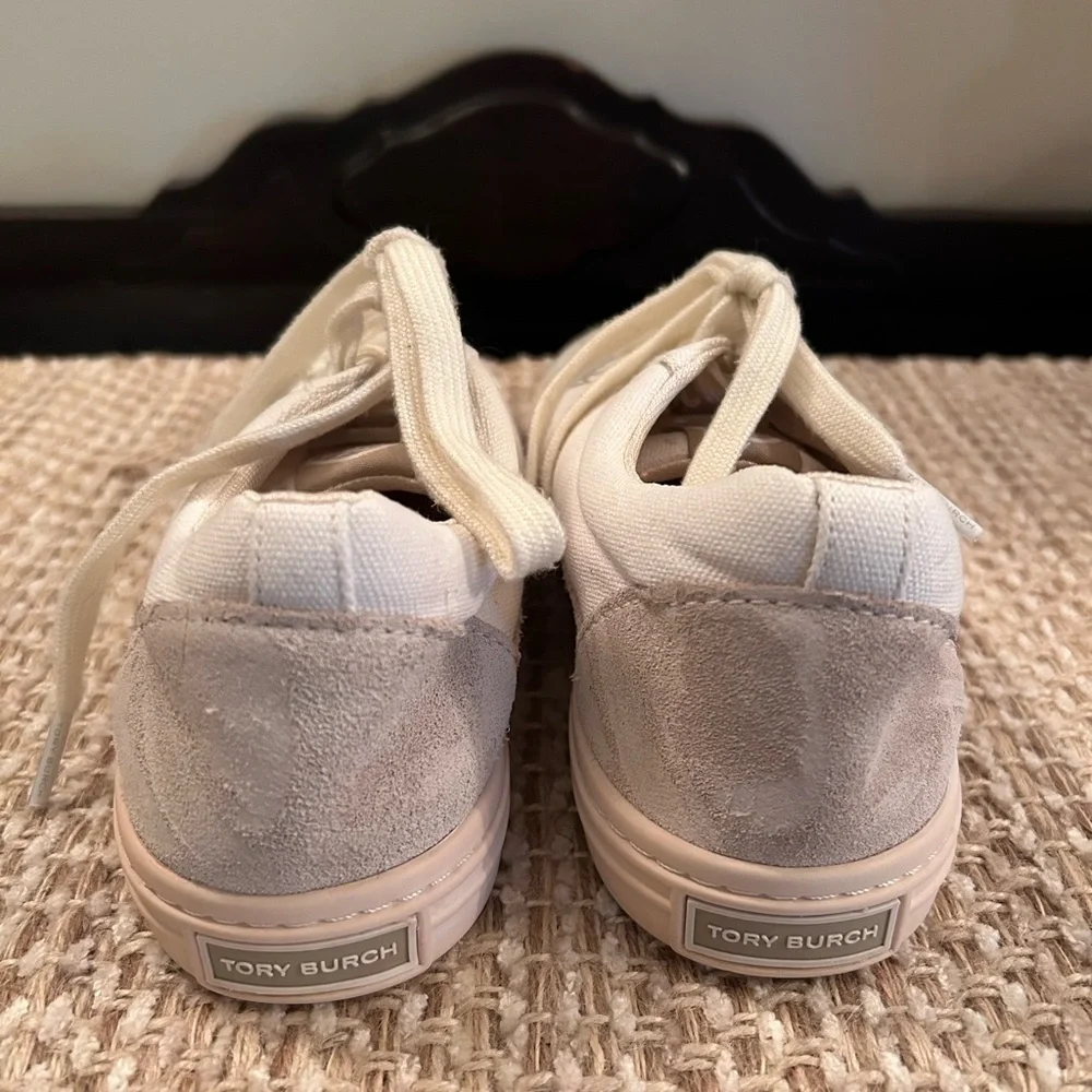 Tory Burch Classic Court Canvas Sneaker Natural Suede Size 7 Quiet Luxury Casual